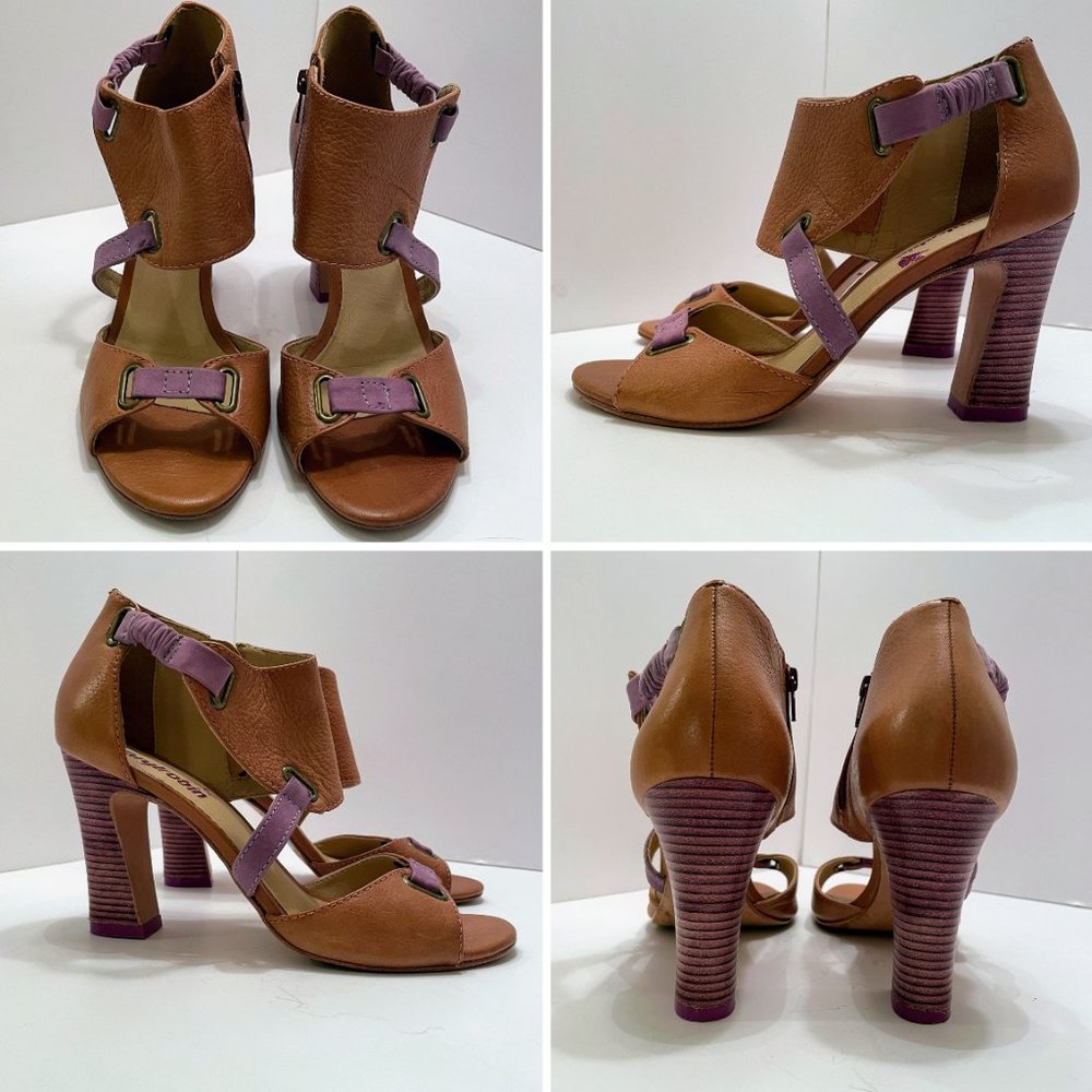 Anthropologie Farylrobin Vintage Inspired Tan & Lavender Purple Stacked Heels 8